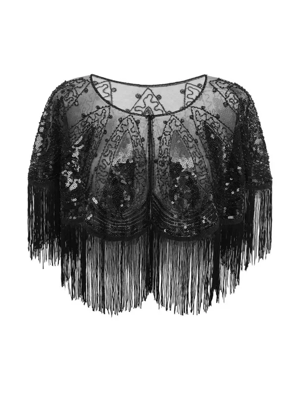 1920s Crew Neck Sequined Tassel Cape sold by Retro Stage