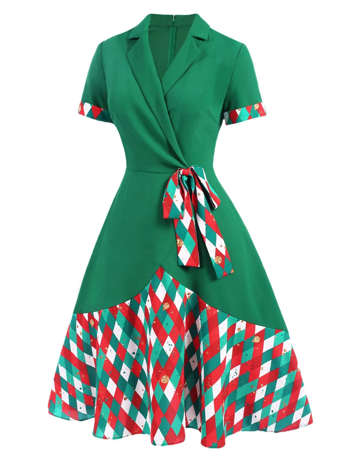 Green 1940s Colorful Plaid Notched Collar Dress sold by Retro Stage product image thumbnail 3