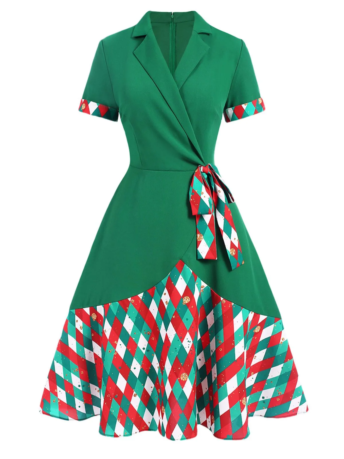 Green 1940s Colorful Plaid Notched Collar Dress sold by Retro Stage product image thumbnail 2