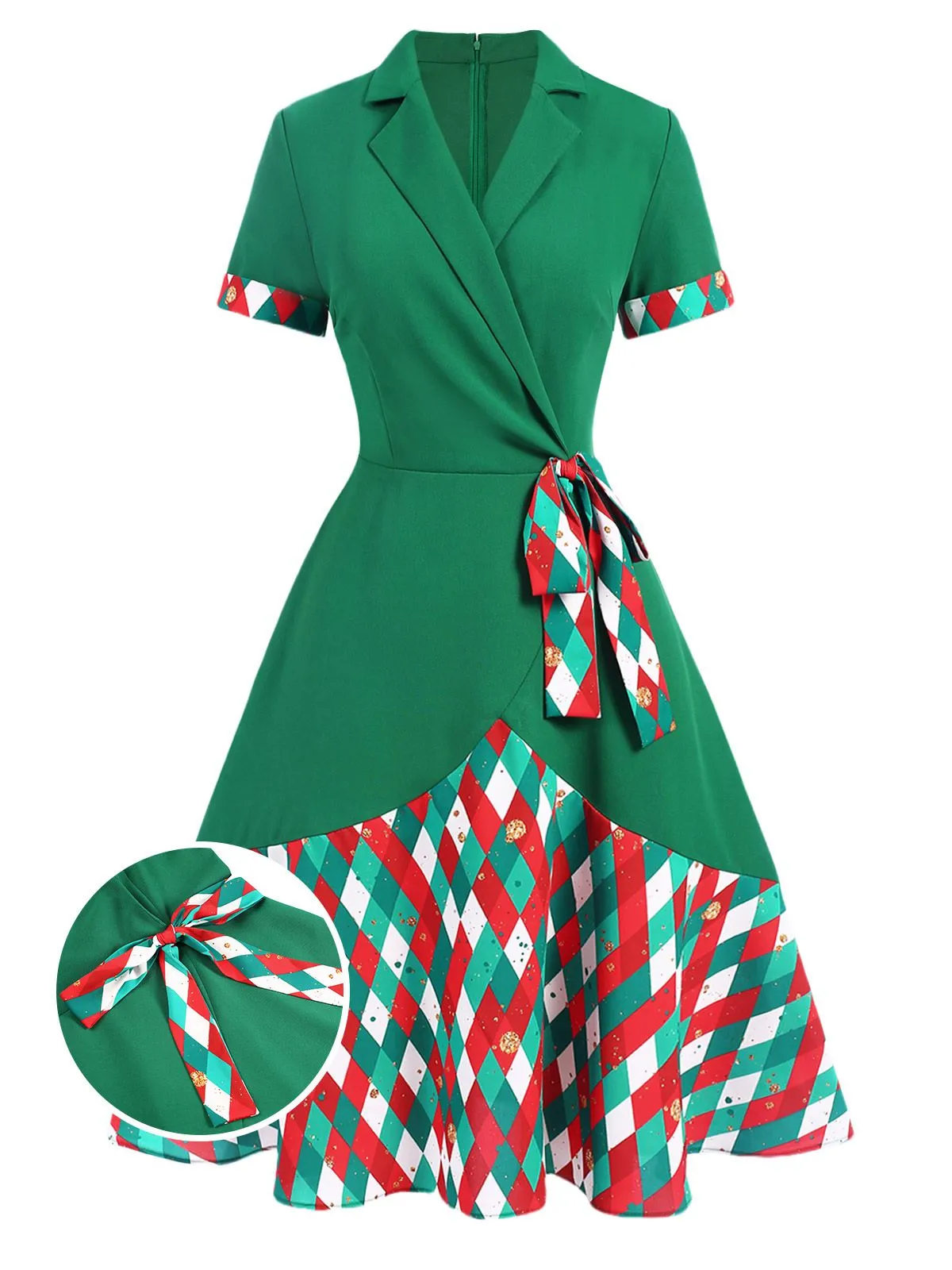 Green 1940s Colorful Plaid Notched Collar Dress sold by Retro Stage