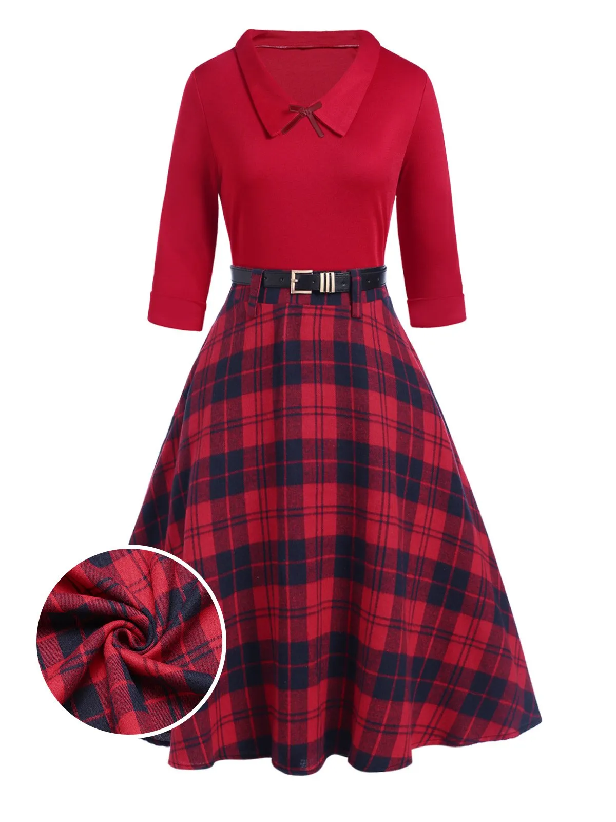 2PCS Red 1940s Lapel Top & Plaid Skirt sold by Retro Stage