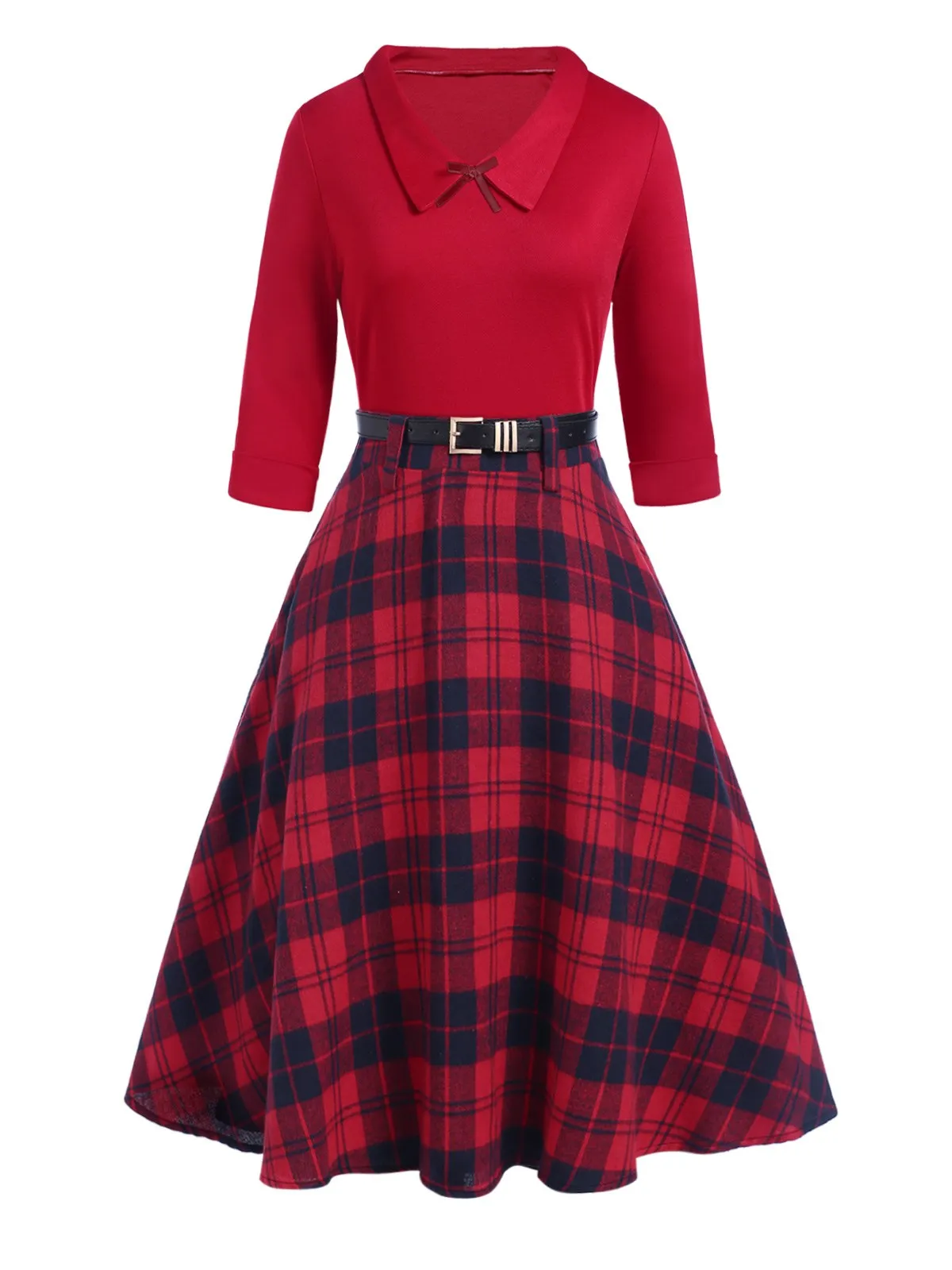 2PCS Red 1940s Lapel Top & Plaid Skirt sold by Retro Stage product image thumbnail 2