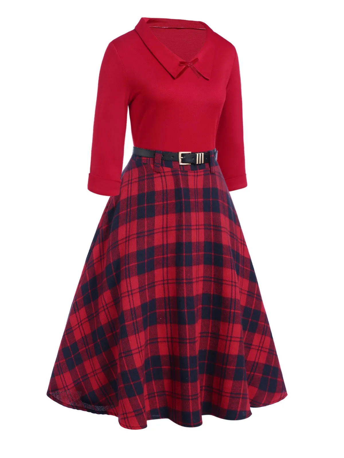 2PCS Red 1940s Lapel Top & Plaid Skirt sold by Retro Stage product image thumbnail 3
