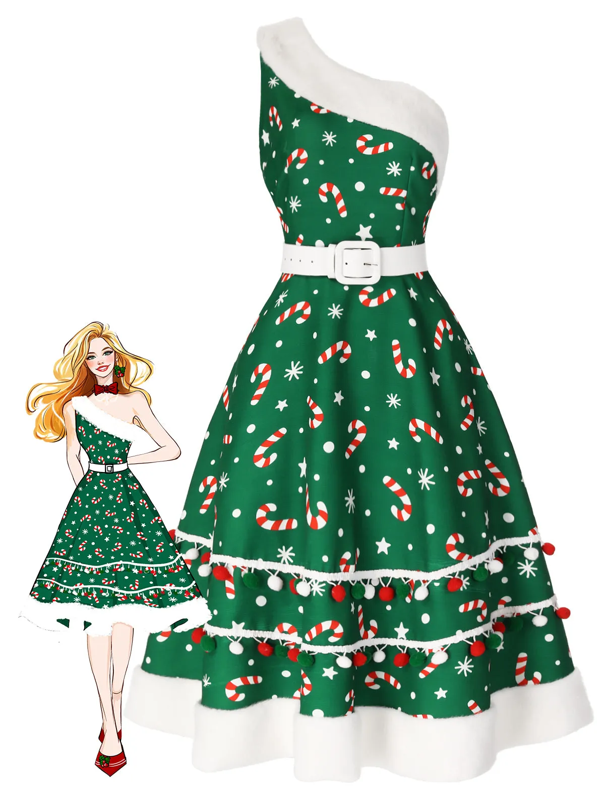 Blue 1950s Candy Cane One-Shoulder Dress sold by Retro Stage product image thumbnail 3