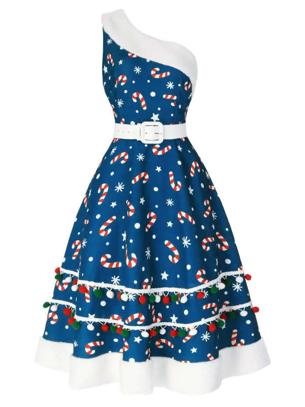 Blue 1950s Candy Cane One-Shoulder Dress sold by Retro Stage