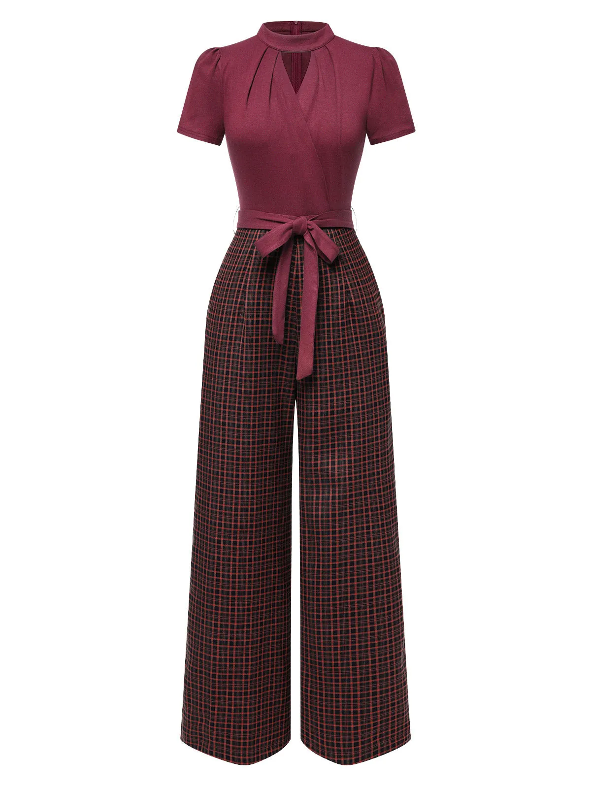 Red 1930s Plaid Keyhole Neck Belted Jumpsuit sold by Retro Stage