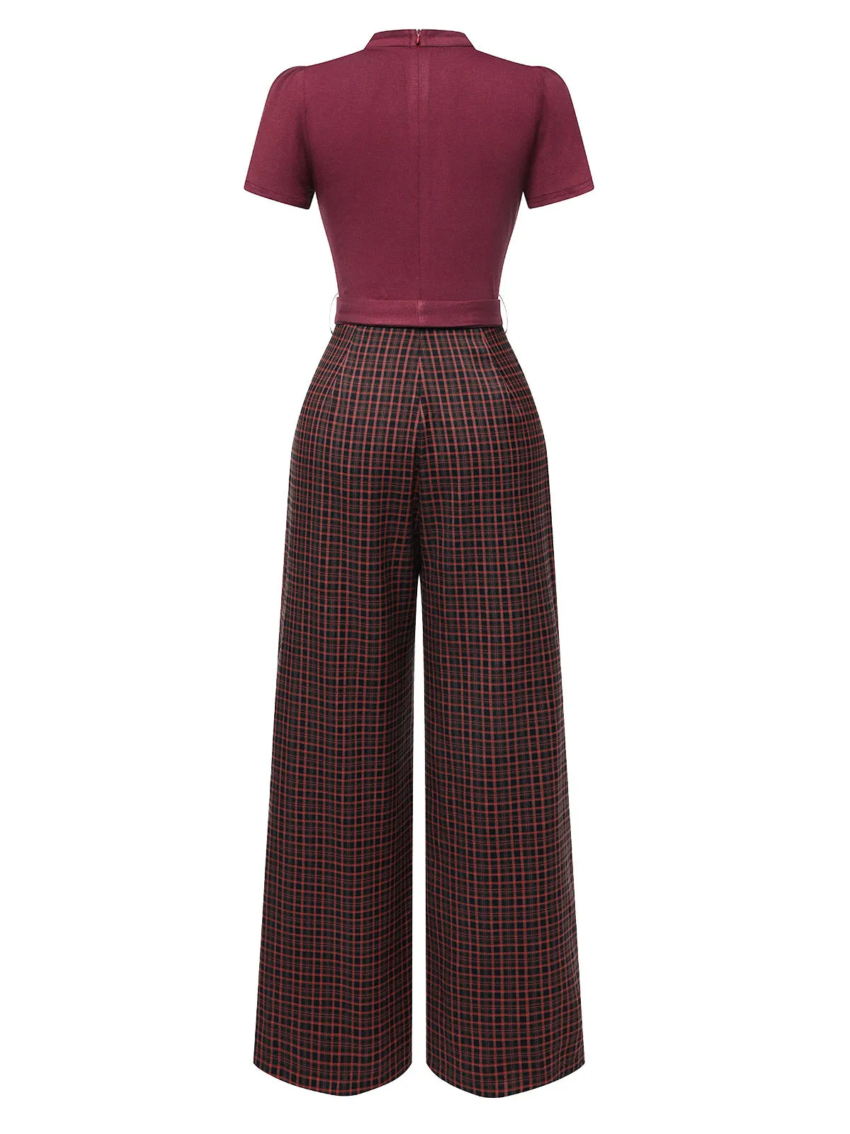 Red 1930s Plaid Keyhole Neck Belted Jumpsuit sold by Retro Stage product image thumbnail 2