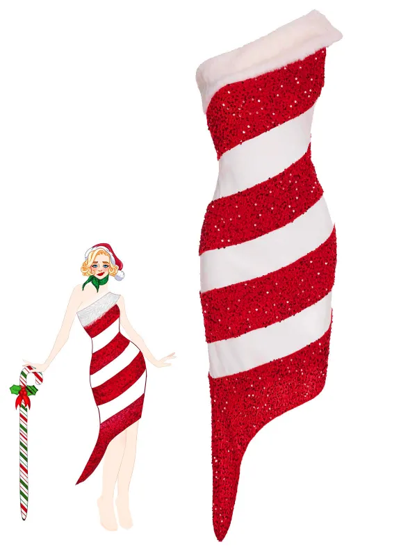 Red 1960s Candy Cane One-Shoulder Dress sold by Retro Stage