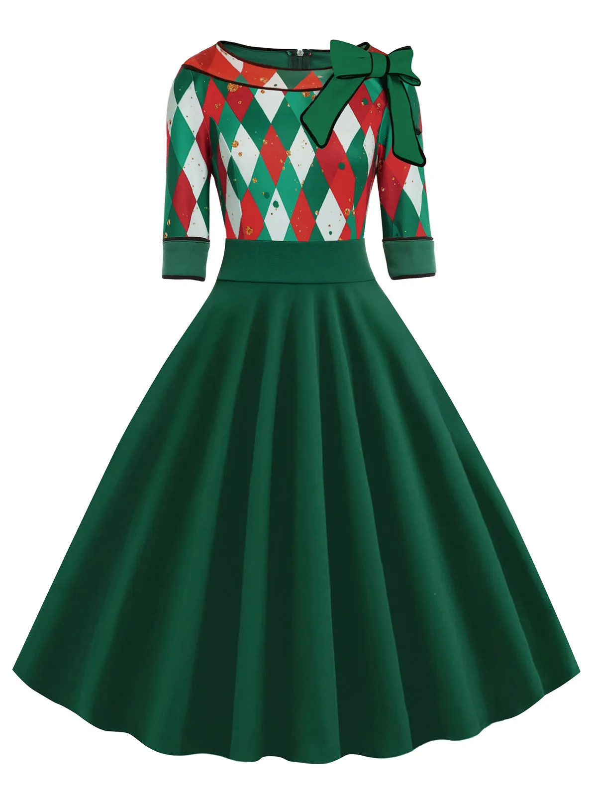 Green 1950s Christmas Plaid Patchwork Dress sold by Retro Stage product image thumbnail 3