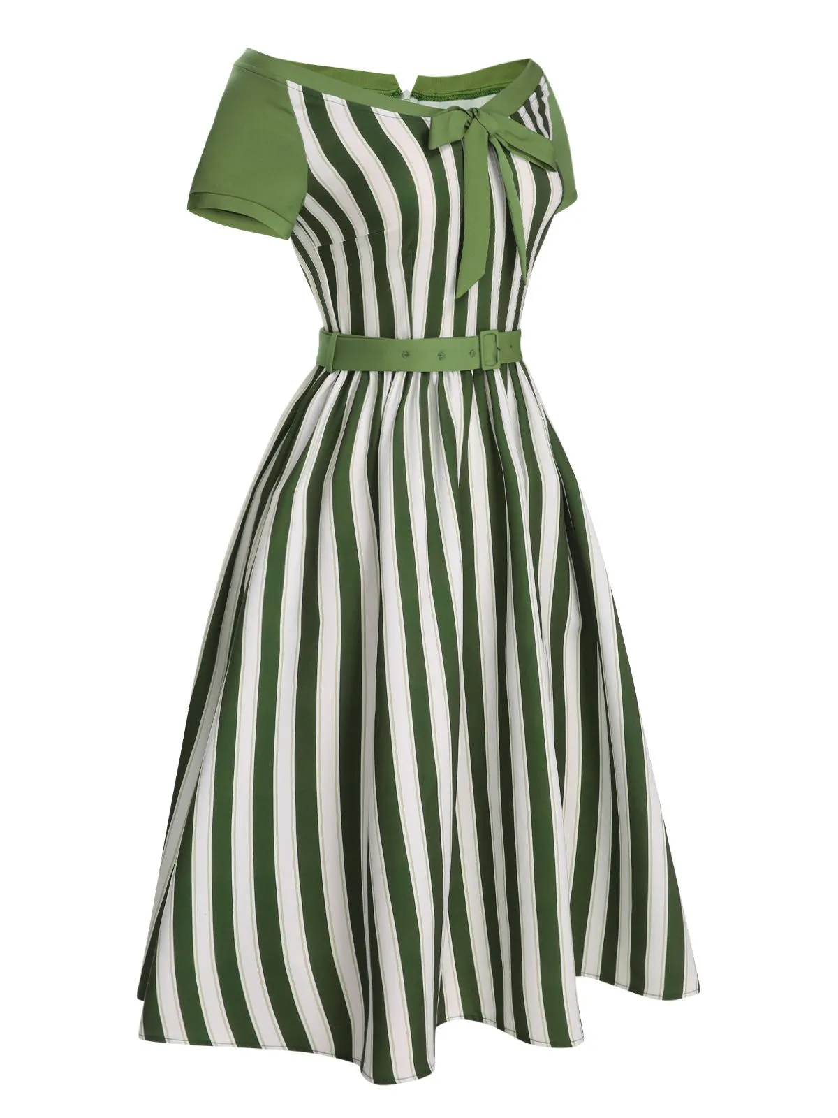Green 1940s Off-Shoulder Stripes Bow Belted Dress sold by Retro Stage product image thumbnail 4