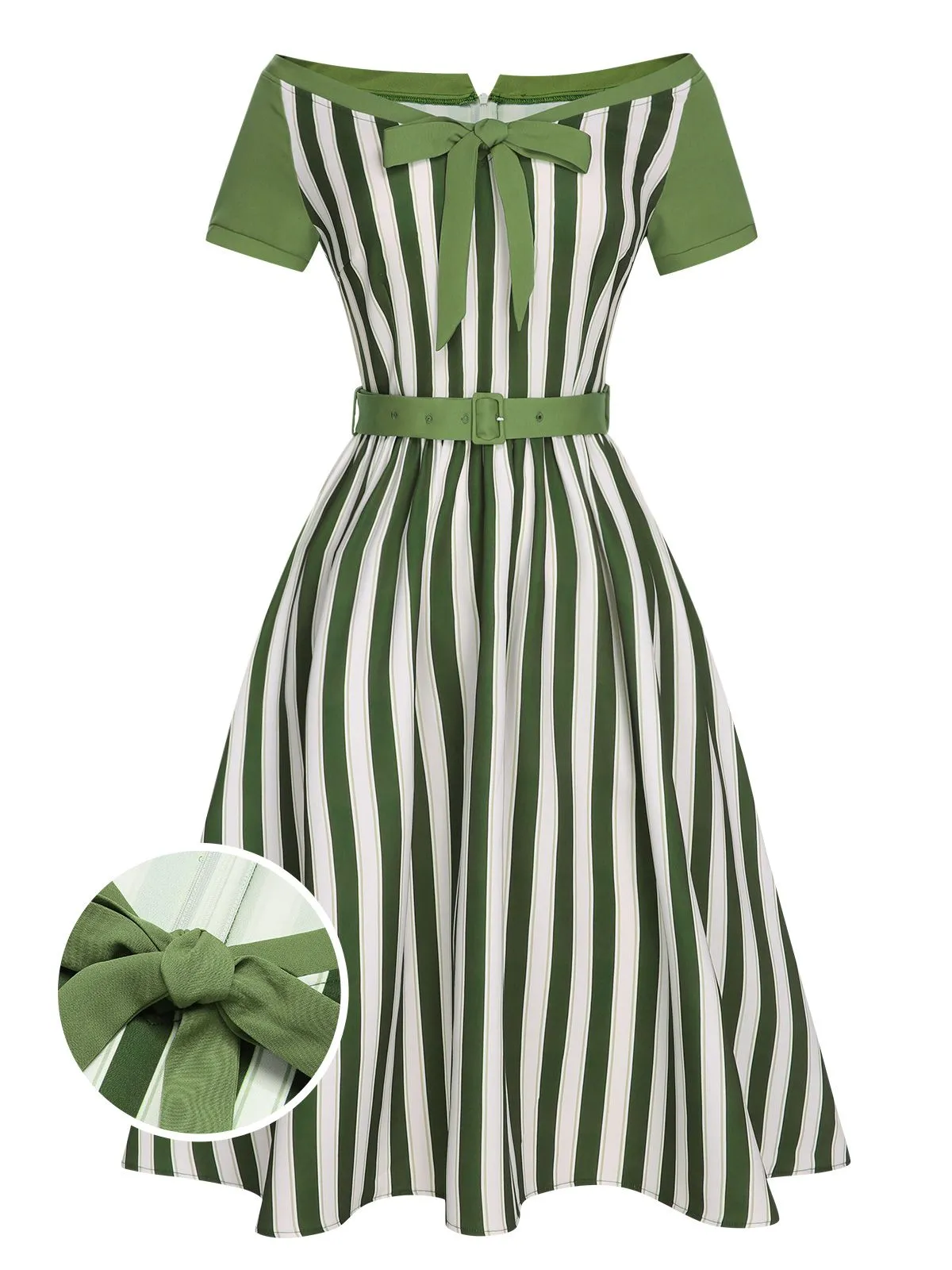 Green 1940s Off-Shoulder Stripes Bow Belted Dress sold by Retro Stage product image thumbnail 2
