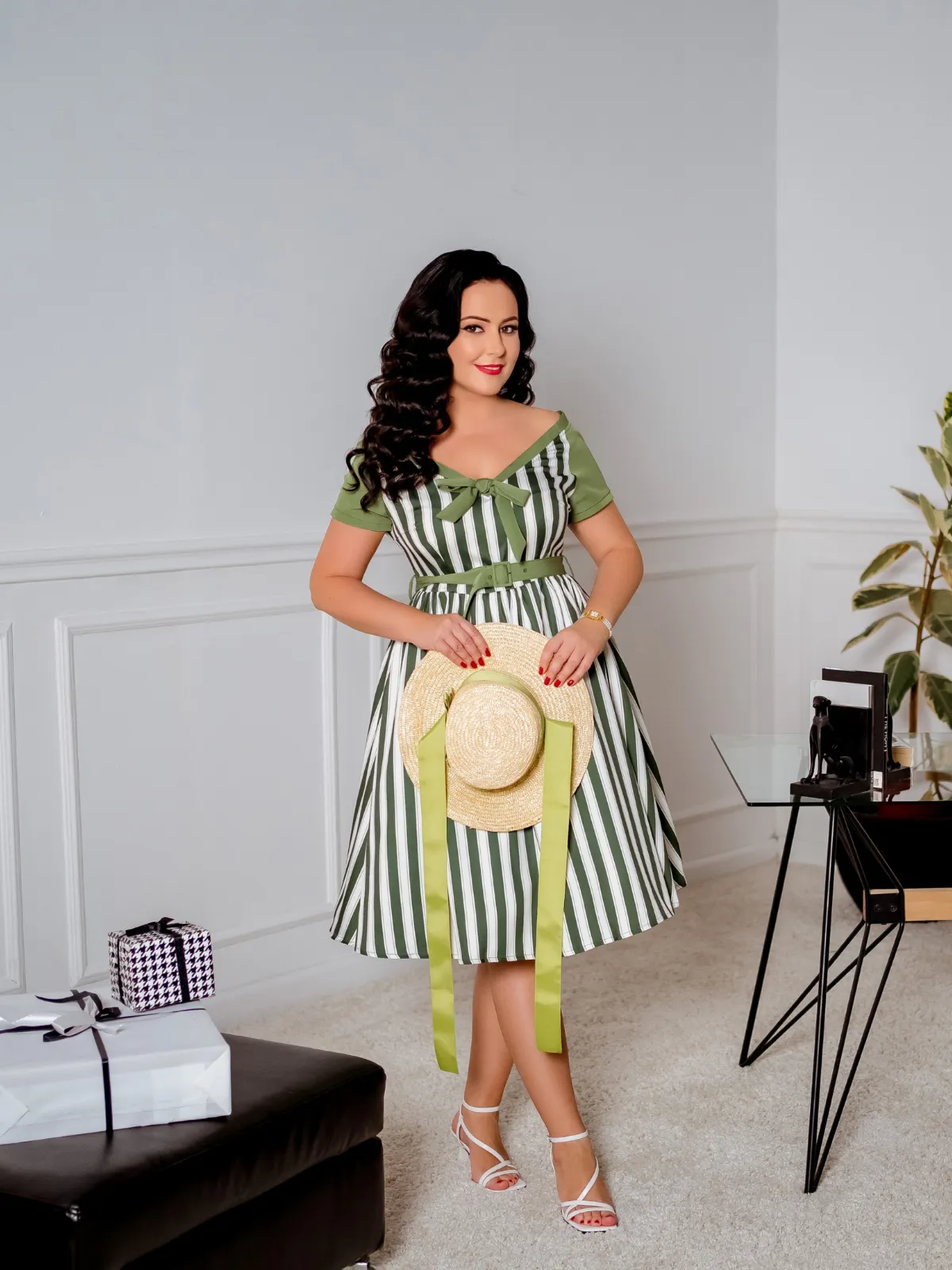 Green 1940s Off-Shoulder Stripes Bow Belted Dress sold by Retro Stage