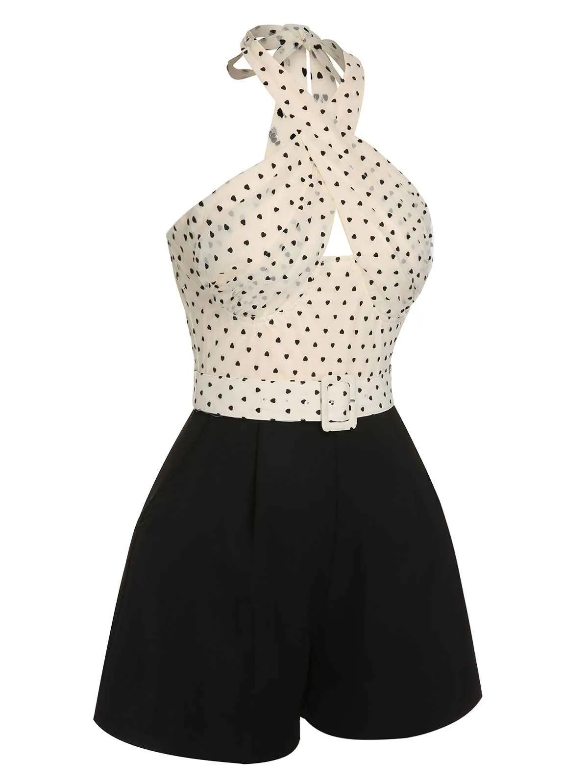 Beige 1950s 3D Heart Halter Patchwork Romper sold by Retro Stage product image thumbnail 4