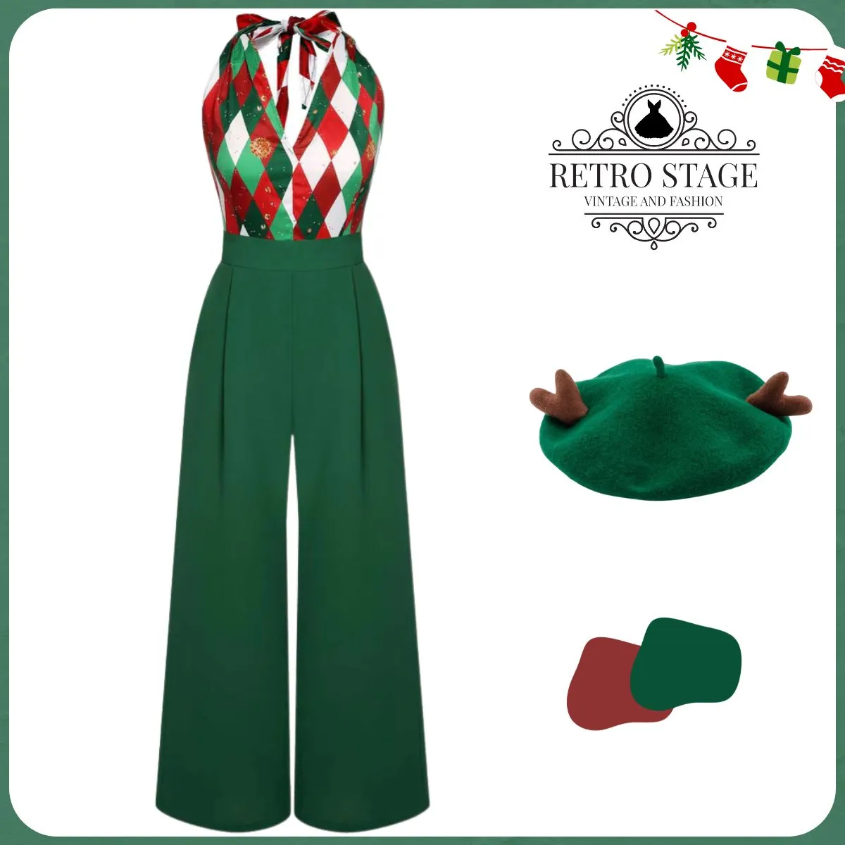 Green 1930s Christmas Plaid Lace Patchwork Jumpsuit sold by Retro Stage