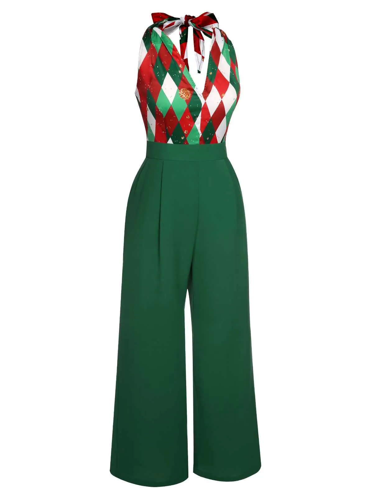 Green 1930s Christmas Plaid Lace Patchwork Jumpsuit sold by Retro Stage product image thumbnail 4