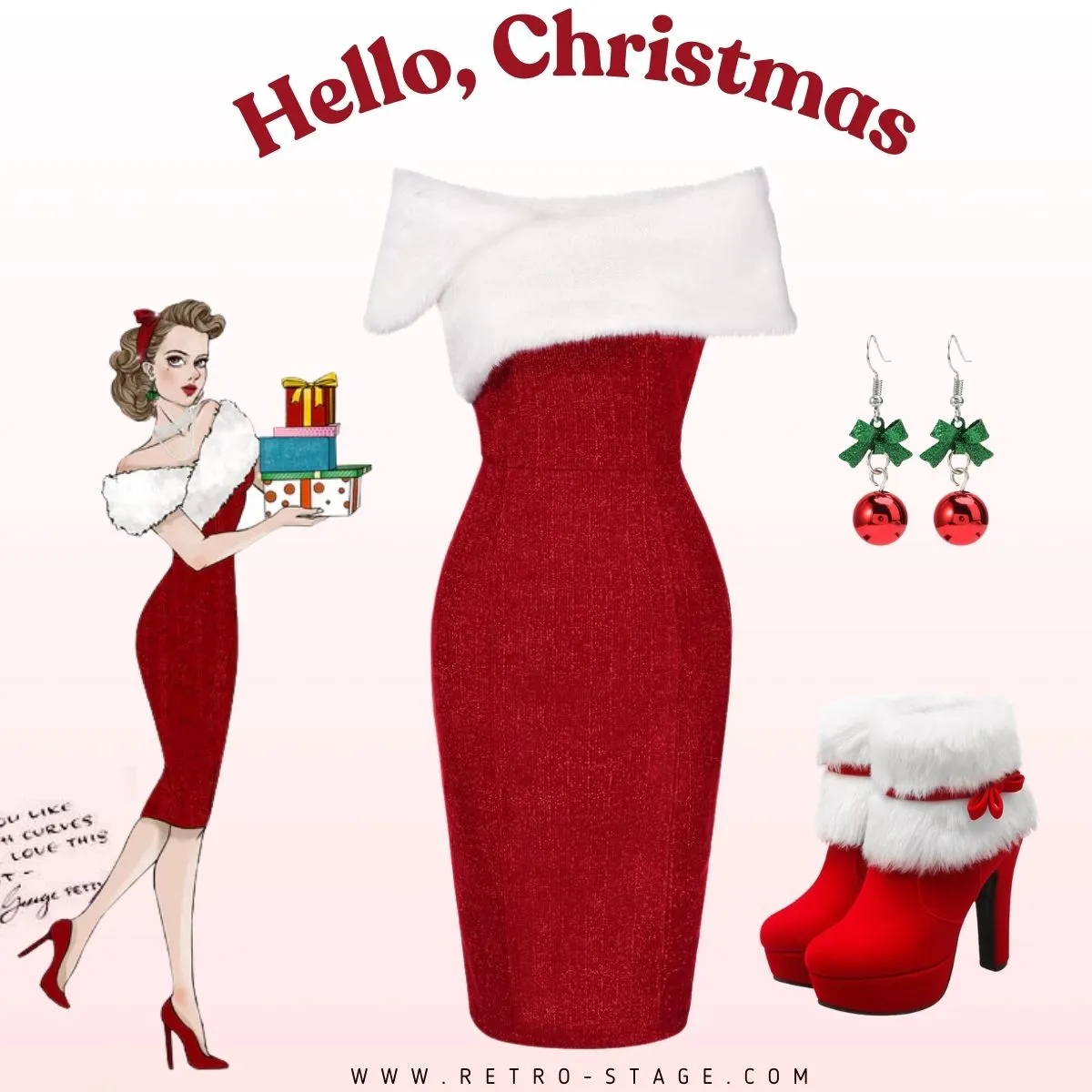 Red 1960s Faux Fur Off-Shoulder Dress sold by Retro Stage