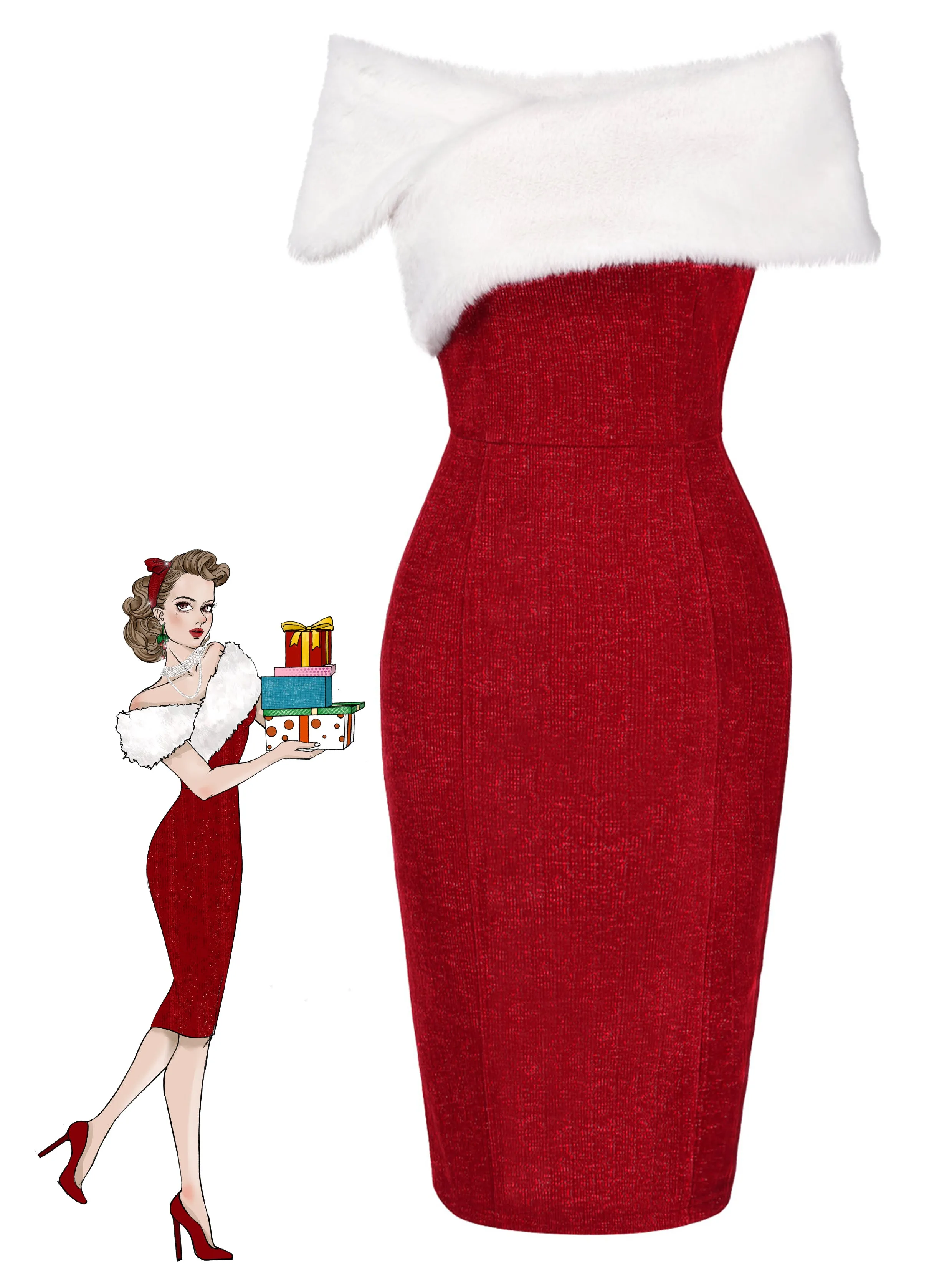 Red 1960s Faux Fur Off-Shoulder Dress sold by Retro Stage product image thumbnail 2