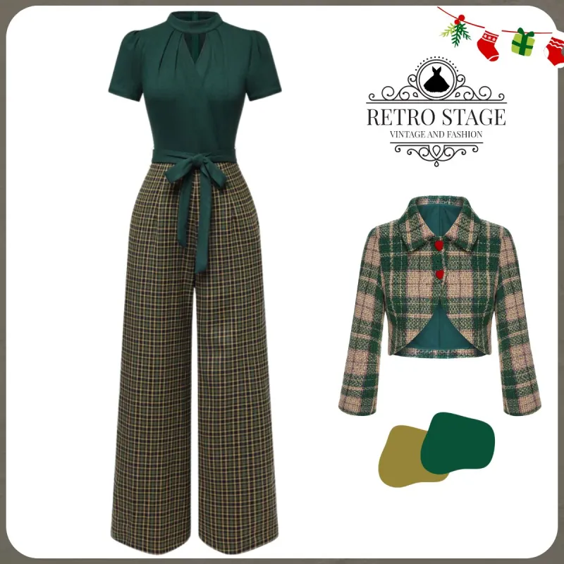 Green 1930s Plaid Keyhole Neck Belted Jumpsuit sold by Retro Stage