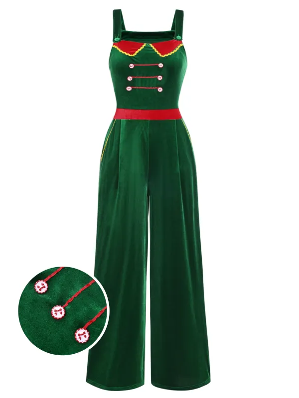 Green 1940s Velvet Button-Embellished Jumpsuit sold by Retro Stage