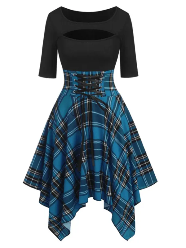 Blue 1950s Gingham Patchwork Dress sold by Retro Stage