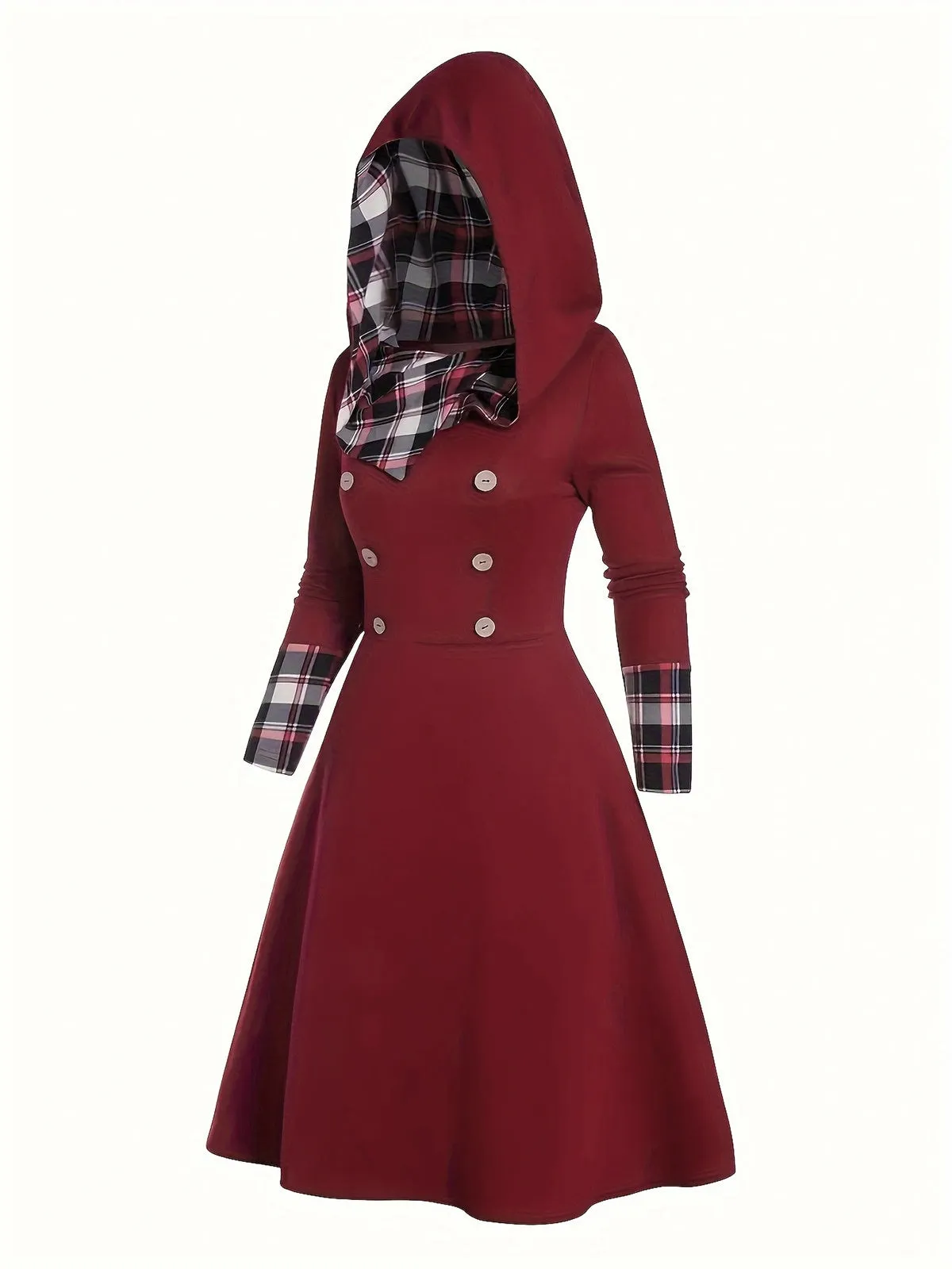 Wine Red 1950s Plaid Patchwork Hooded Dress sold by Retro Stage product image thumbnail 2