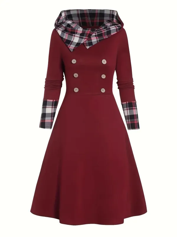 Wine Red 1950s Plaid Patchwork Hooded Dress sold by Retro Stage