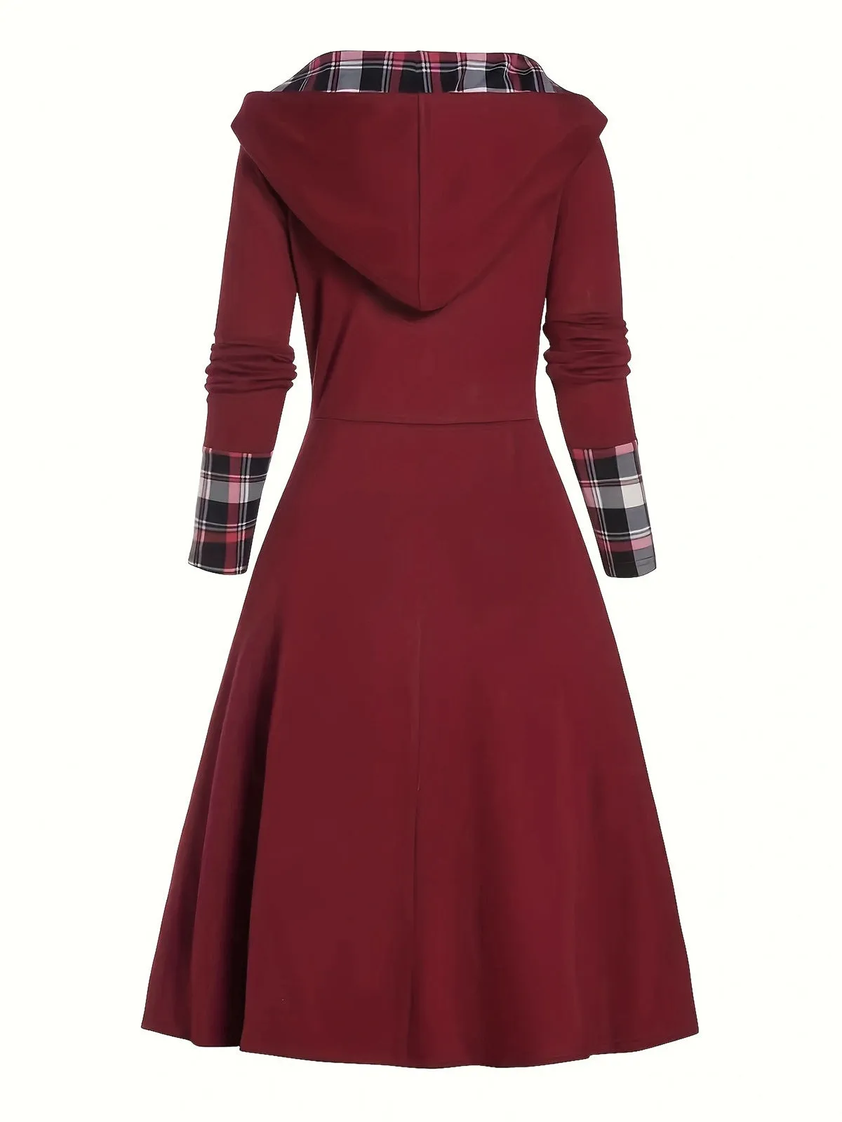 Wine Red 1950s Plaid Patchwork Hooded Dress sold by Retro Stage product image thumbnail 3