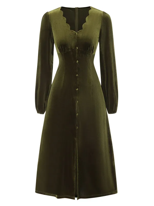 Green 1940s Velvet Petal Collar Dress sold by Retro Stage