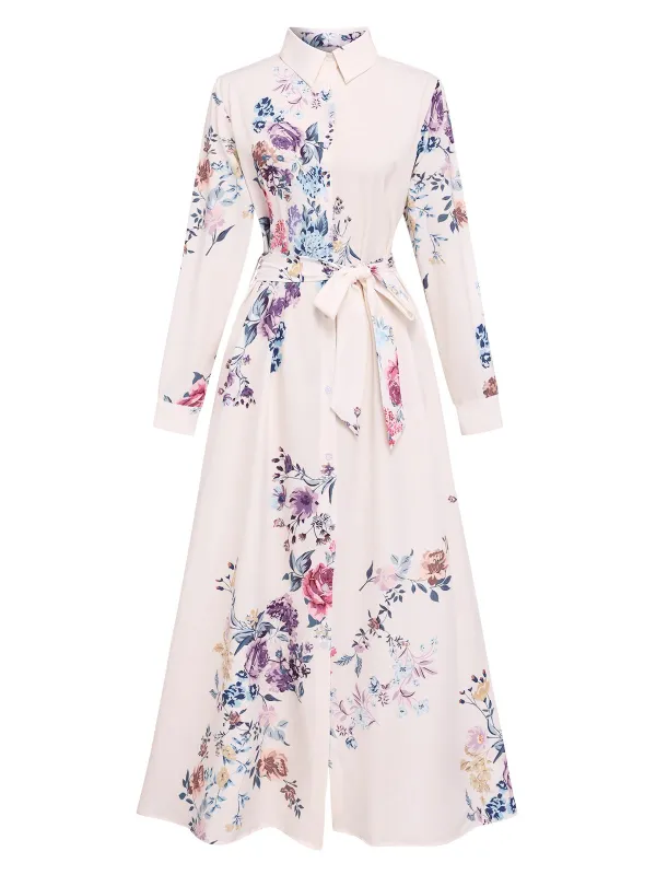 White 1940s Shirt Collar Floral Belted Dress sold by Retro Stage