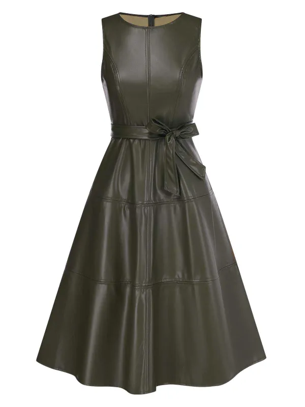Green 1950s Leather Sleeveless Belted Dress sold by Retro Stage