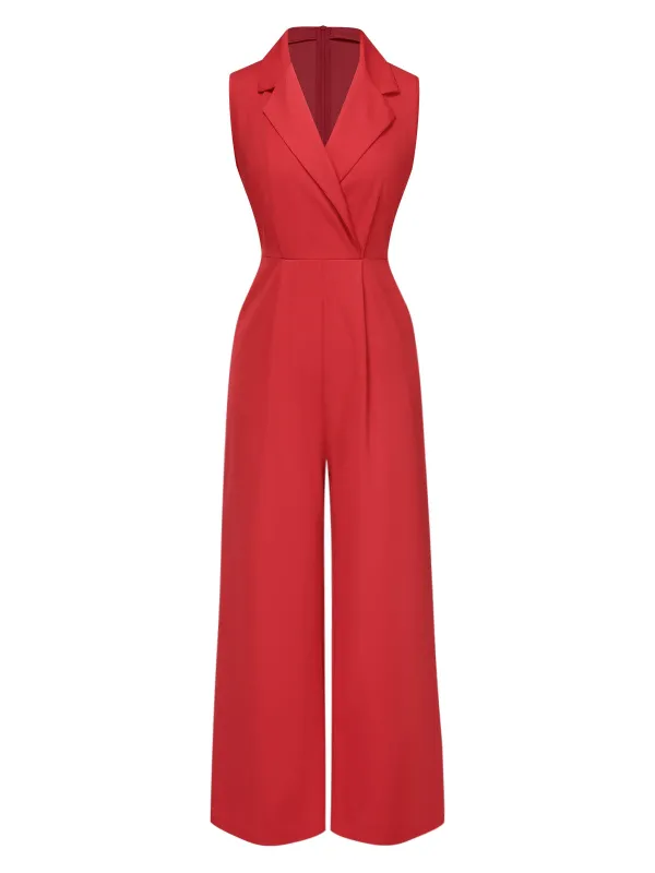 Red 1930s Solid Lapel Wide Leg Jumpsuit sold by Retro Stage