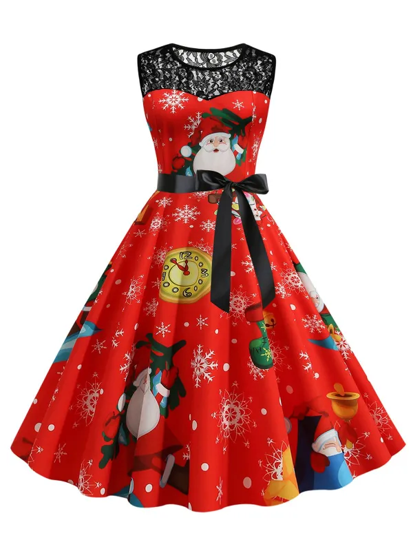 Red 1950s Santa Claus Lace Patchwork Dress sold by Retro Stage