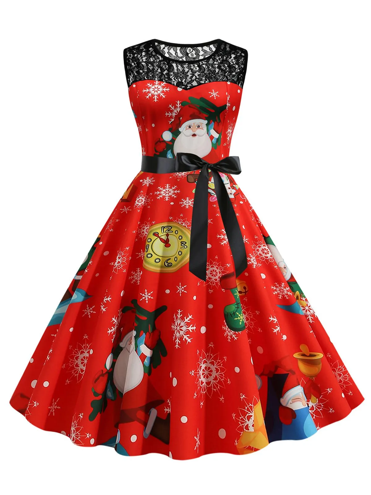 Red 1950s Santa Claus Lace Patchwork Dress sold by Retro Stage