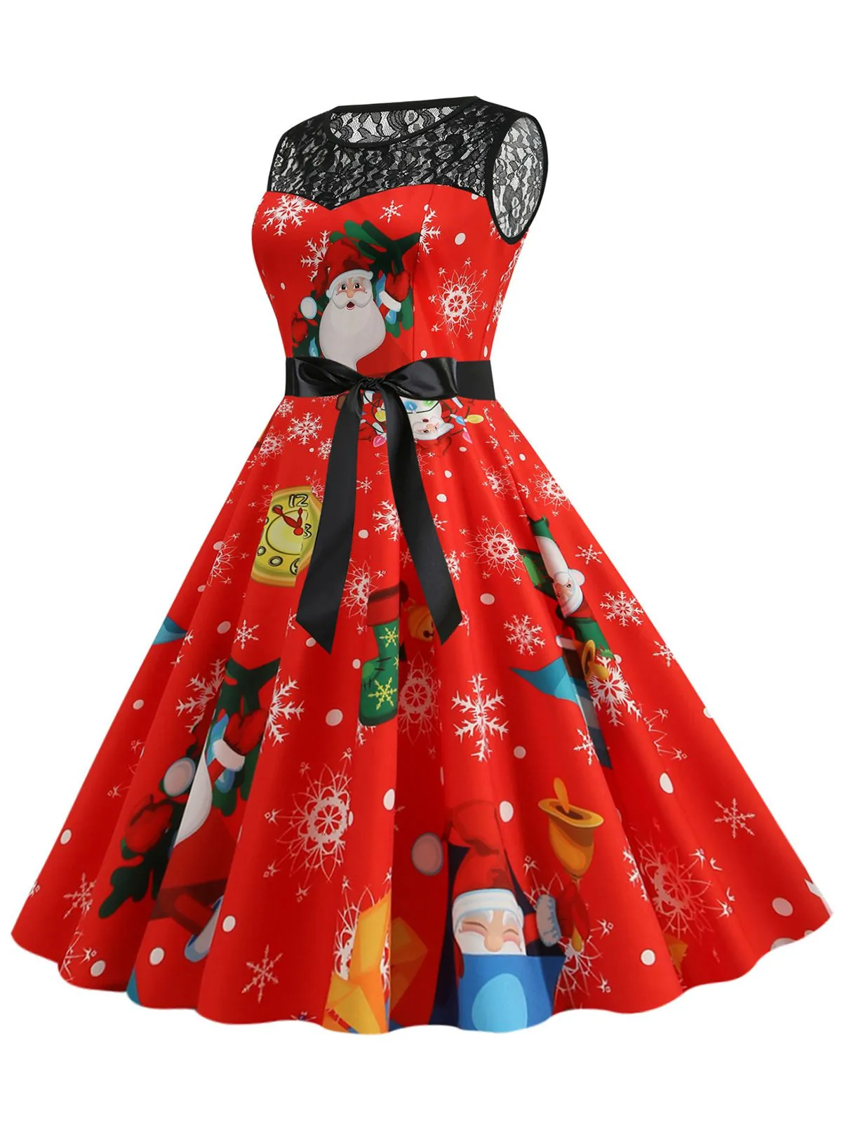 Red 1950s Santa Claus Lace Patchwork Dress sold by Retro Stage product image thumbnail 2