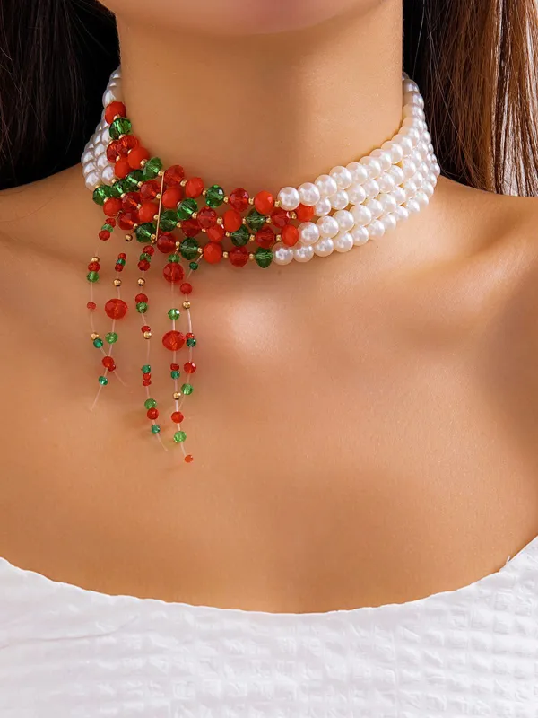 Christmas Multilayer Contrast Pearl Strand Necklace sold by Retro Stage