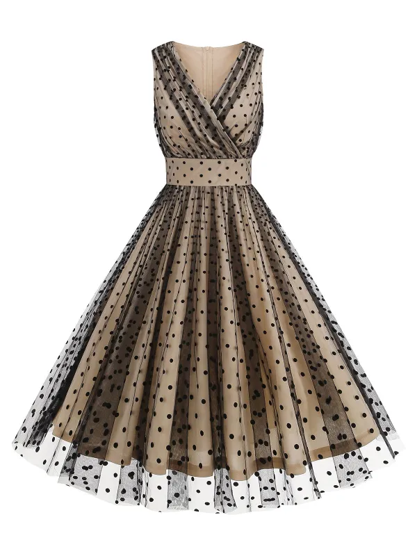 Black 1950s V-Neck Polka Dot Mesh Dress sold by Retro Stage