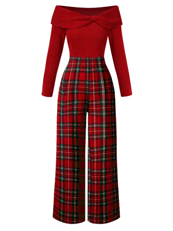 Red 1950s Off Shoulder Plaids Jumpsuit sold by Retro Stage
