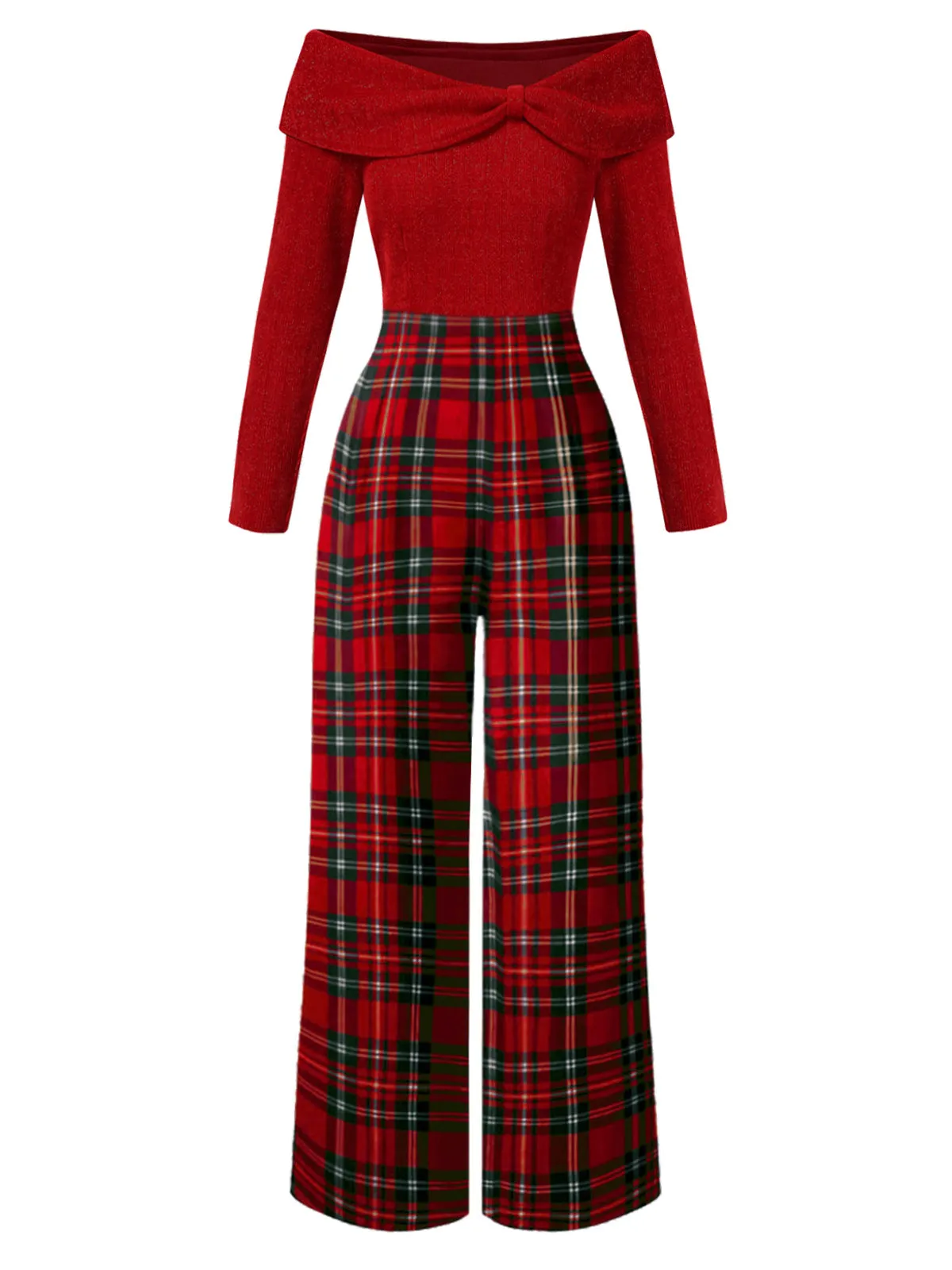 Red 1950s Off Shoulder Plaids Jumpsuit sold by Retro Stage