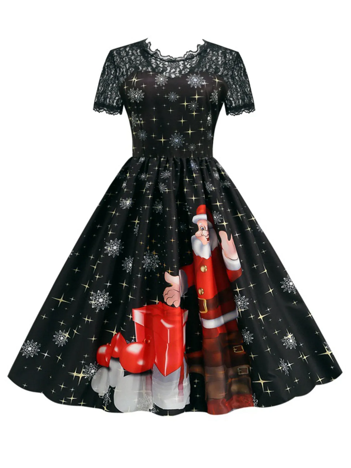 Black 1950s Santa Claus Lace Patchwork Dress sold by Retro Stage