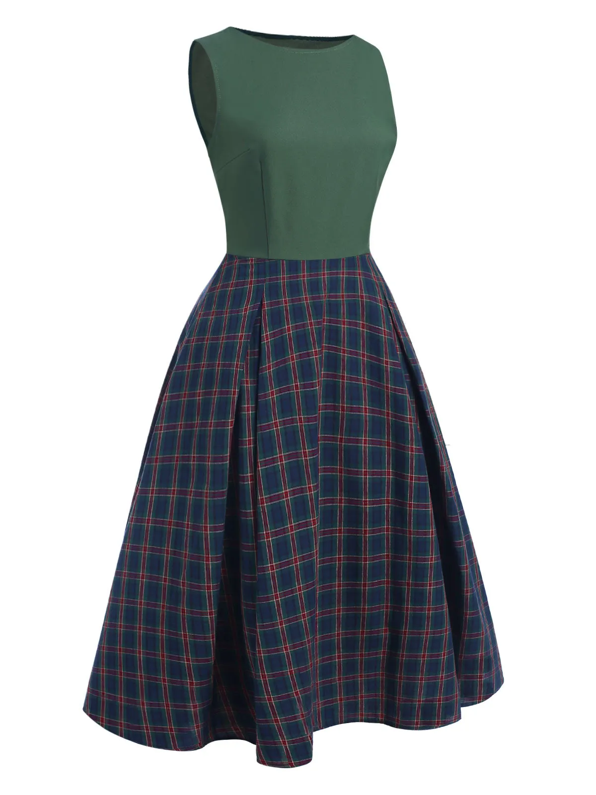 Green 1940s Plaids Patchwork Sleeveless Dress sold by Retro Stage product image thumbnail 3