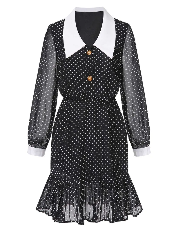 Black 1940s Polka Dot Contrast Collar Dress sold by Retro Stage