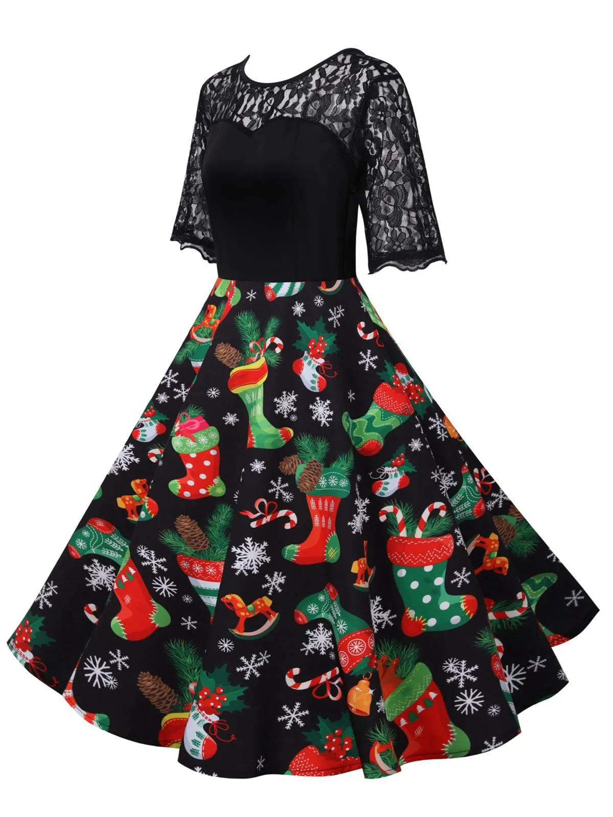Black 1950s Christmas Stocking Lace Patchwork Dress sold by Retro Stage product image thumbnail 2