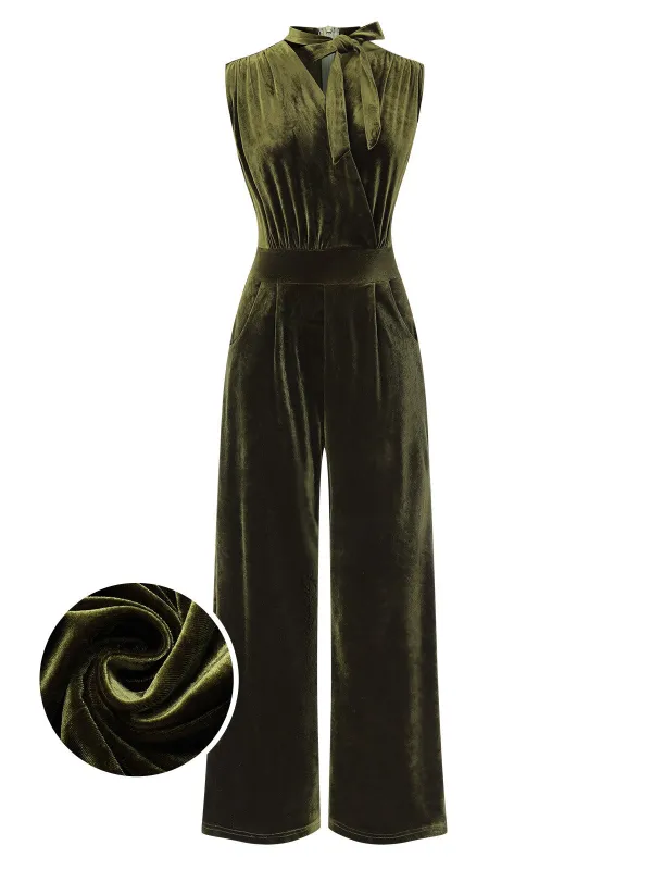 Green 1940s Tie Neck Velvet Jumpsuit sold by Retro Stage