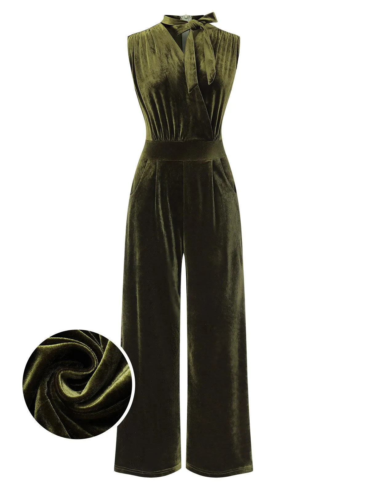 Green 1940s Tie Neck Velvet Jumpsuit sold by Retro Stage