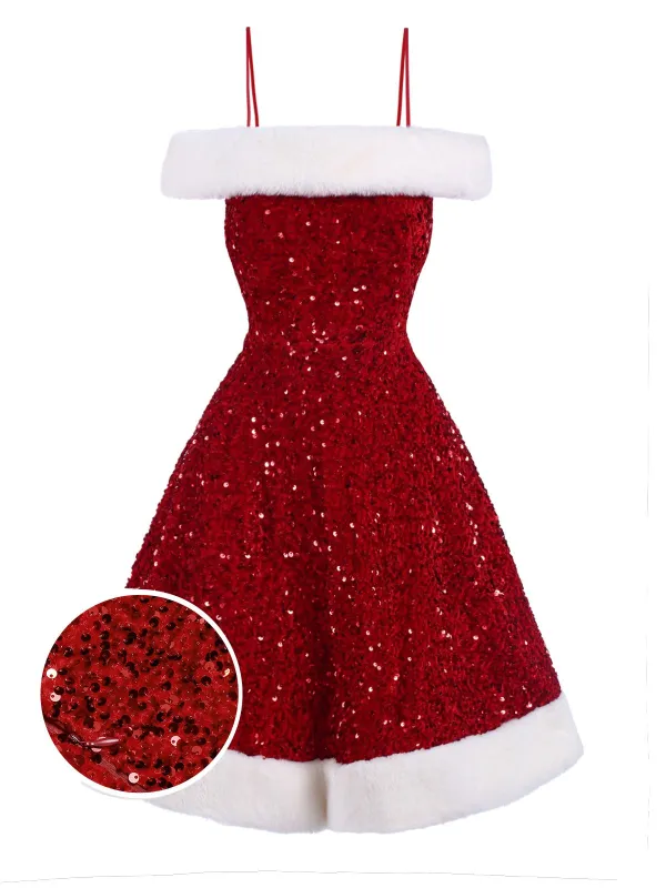 Red 1950s Cold-Shoulder Furry Sequined Dress sold by Retro Stage