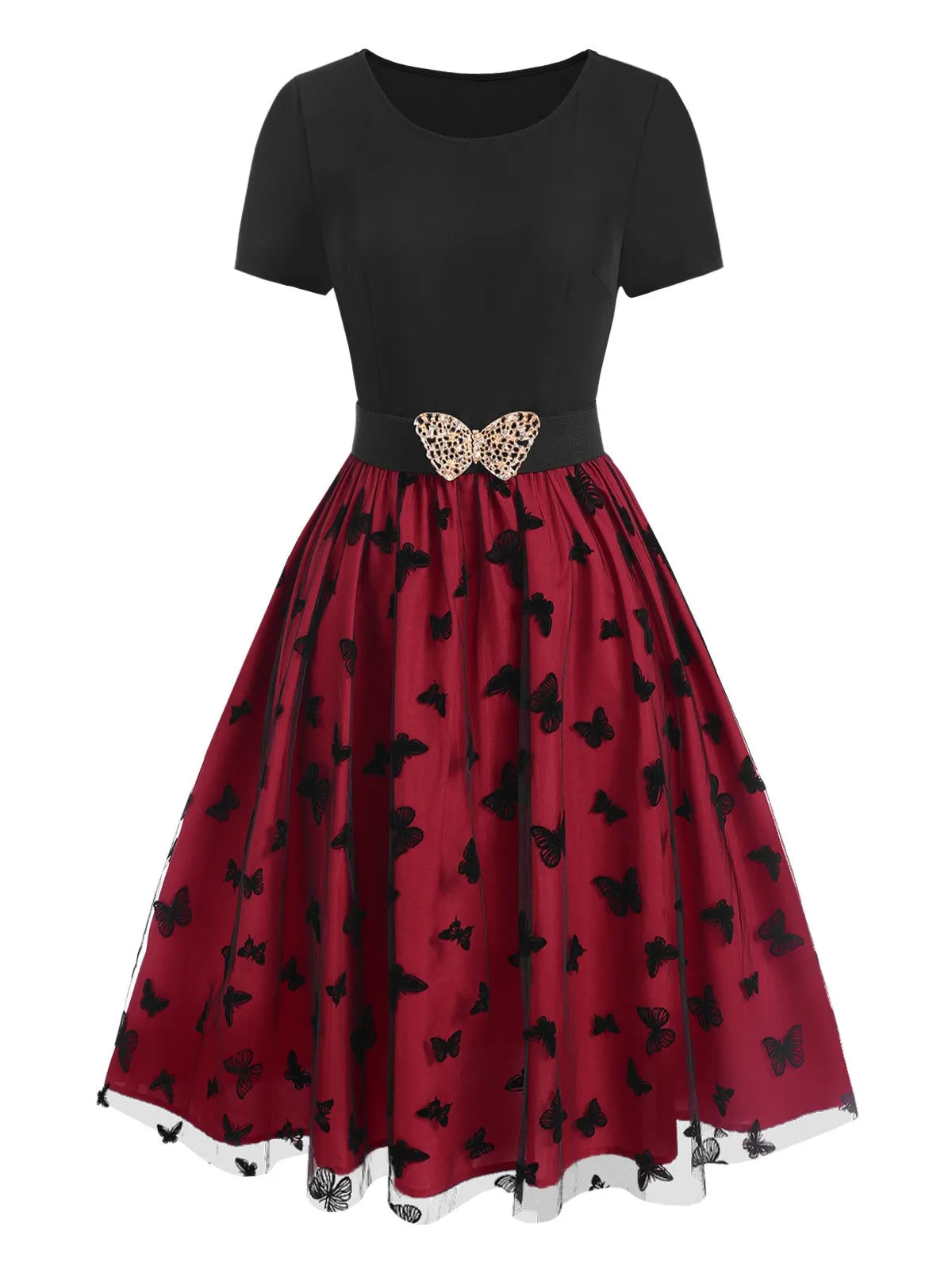 Red 1950s Butterfly Embroidered Mesh Patchwork Dress sold by Retro Stage product image thumbnail 2