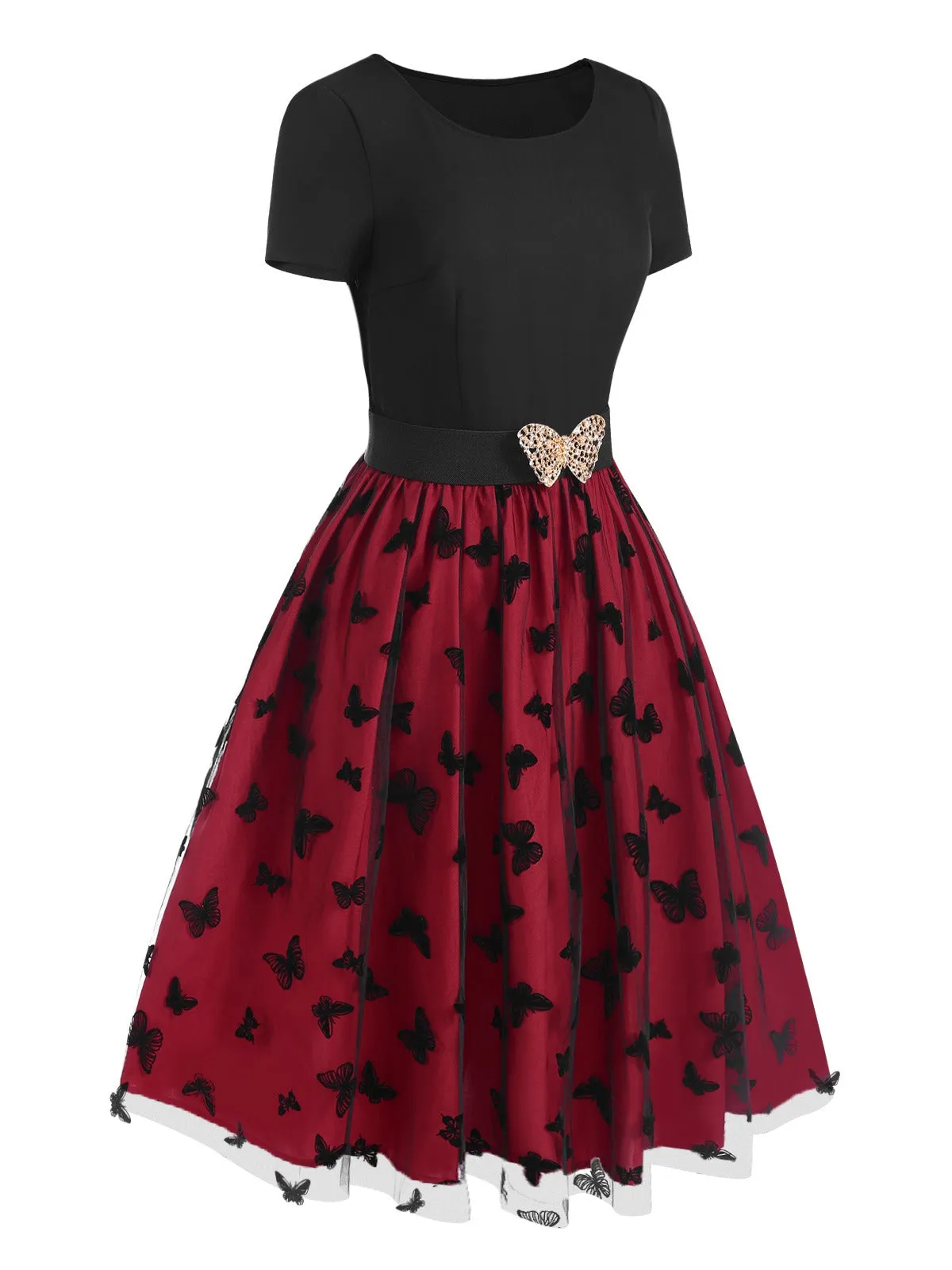 Red 1950s Butterfly Embroidered Mesh Patchwork Dress sold by Retro Stage product image thumbnail 3