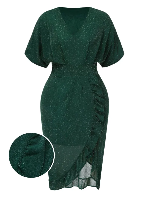 [Plus Size] Dark Green 1940s V-Neck Ruffles Solid Dress sold by Retro Stage
