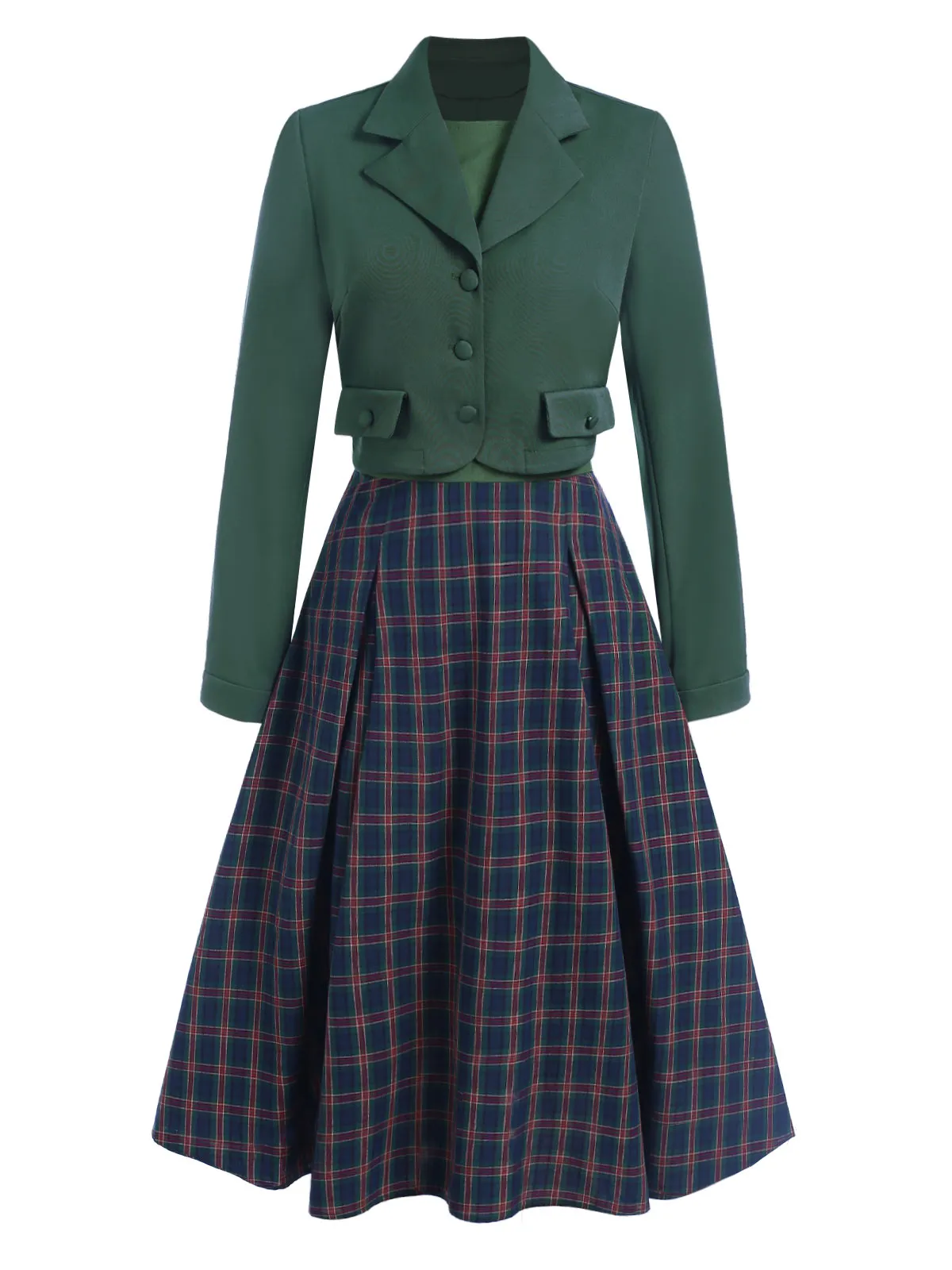 2PCS Green 1940s Lapel Button Blazer & Plaids Dress sold by Retro Stage product image thumbnail 2