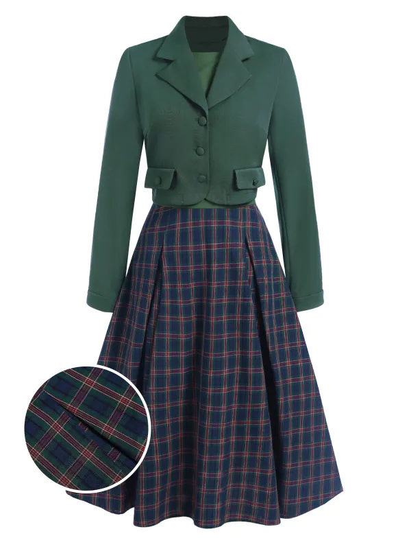 2PCS Green 1940s Lapel Button Blazer & Plaids Dress sold by Retro Stage